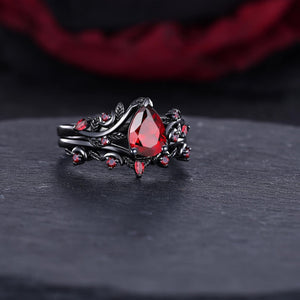 Leaf Design Pear Garnet Ring Black Gold Couple Rings Tungsten Wedding Band Promise Ring - anerjuly