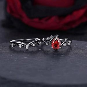 Her Ring - Black Gold Twig Pear Red Garnet Bridal Ring Set