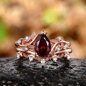 Her Ring - Black Gold Twig Pear Red Garnet Bridal Ring Set