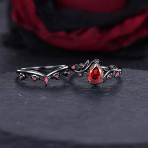 Leaf Design Pear Red Garnet Engagement Ring Set Twig Leaf Black Gold Women Bridal Promise Ring - anerjuly