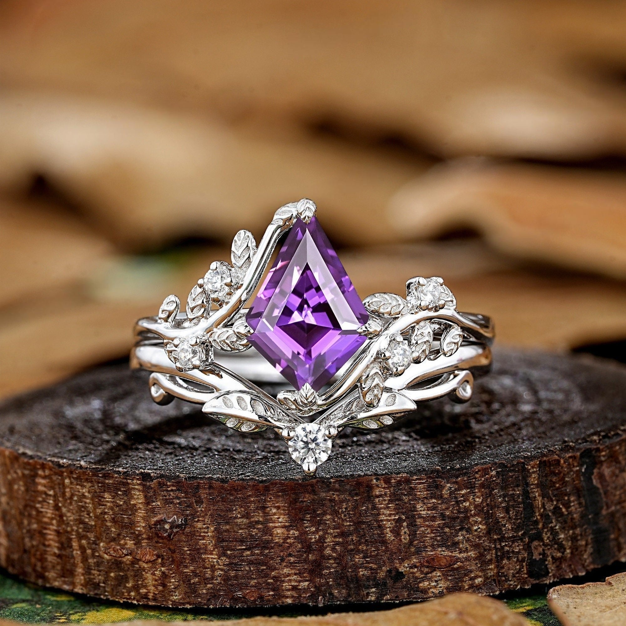 Leaf Floral Kite Cut Amethyst Vine Couple Rings Gold His & Her Matching Rings - anerjuly