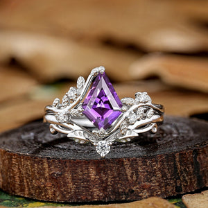 Leaf Floral Kite Cut Purple Sapphire Engagement Rings Set Vintage Nature Inspired Ring - anerjuly