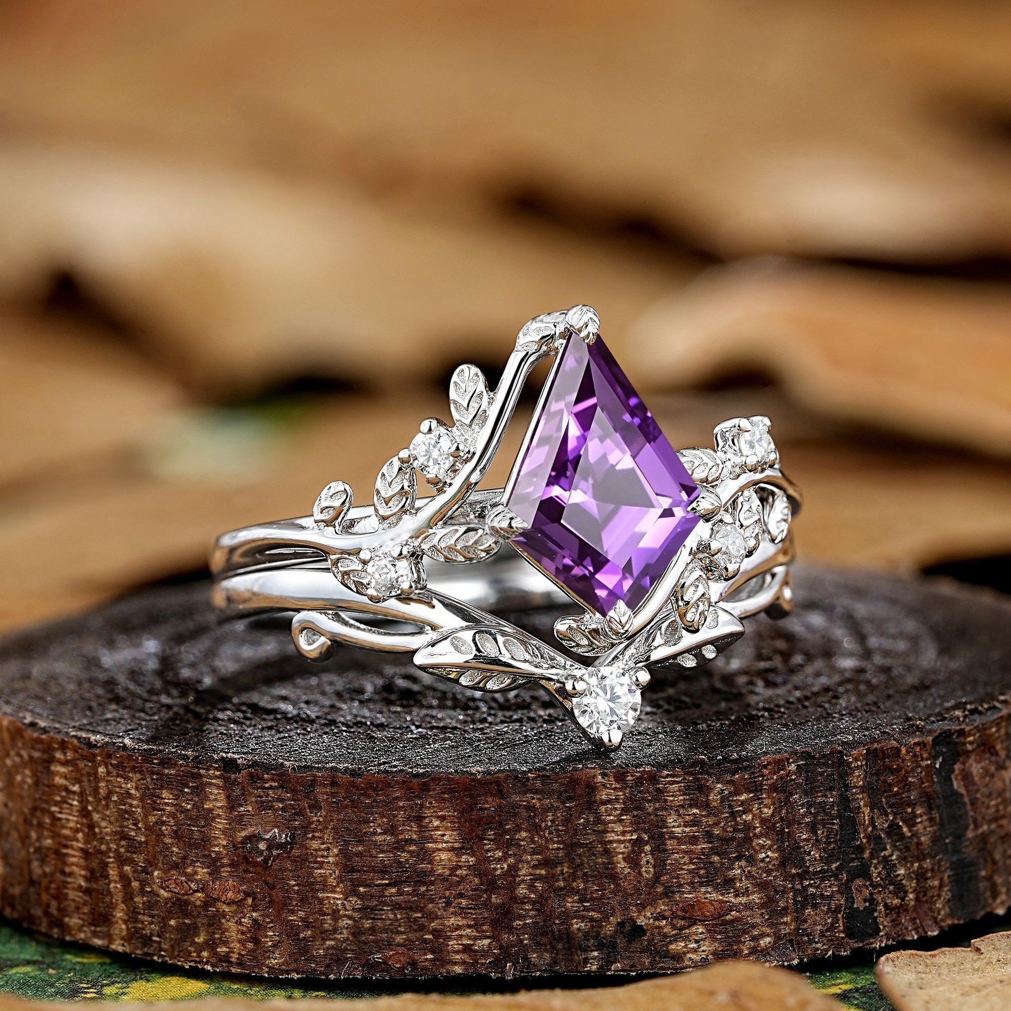 Leaf Floral Kite Cut Purple Sapphire Engagement Rings Set Vintage Nature Inspired Ring - anerjuly