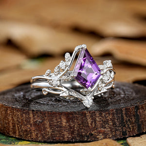 Leaf Floral Kite Cut Purple Sapphire Engagement Rings Set Vintage Nature Inspired Ring - anerjuly