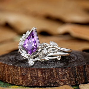 Leaf Floral Kite Cut Purple Sapphire Engagement Rings Set Vintage Nature Inspired Ring - anerjuly