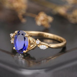 Leaf & Vine Oval Blue Sapphire Engagement Ring - anerjuly