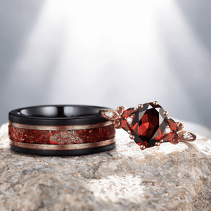 Leaves Angel Wing Ring Band Red Garnet Couple Rings Cluster Ring Nature Inspired Leaf Engagement Ring Set for Women Twig Wedding - anerjuly