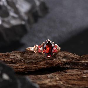 Leaves Angel Wing Ring Band Red Garnet Couple Rings Cluster Ring Nature Inspired Leaf Engagement Ring Set for Women Twig Wedding - anerjuly