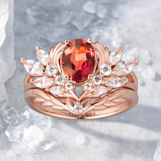 Leaves Angel Wing Ring Band Red Garnet Couple Rings Cluster Ring Nature Inspired Leaf Engagement Ring Set for Women Twig Wedding - anerjuly