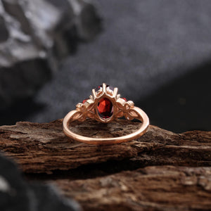 Leaves Angel Wing Ring Band Red Garnet Couple Rings Cluster Ring Nature Inspired Leaf Engagement Ring Set for Women Twig Wedding - anerjuly