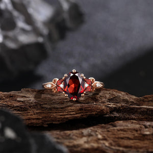 Leaves Angel Wing Ring Band Red Garnet Couple Rings Cluster Ring Nature Inspired Leaf Engagement Ring Set for Women Twig Wedding - anerjuly
