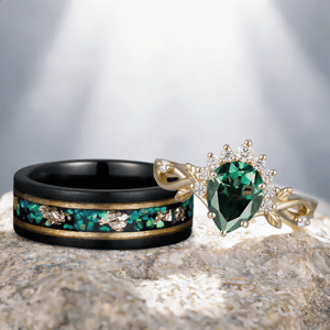 Luxurious Green Emerald Pear Cut Ring & Gold Green Opal Tungsten Unique His and Hers Rings Couple Ring Set - anerjuly