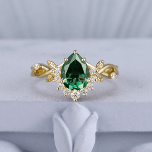 Luxurious Green Emerald Pear Cut Ring & Gold Green Opal Tungsten Unique His and Hers Rings Couple Ring Set - anerjuly