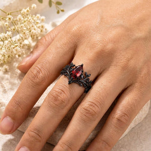 Marquise Natural Garnet Gothic Crown Engagement Ring Black Gold Women's Ring - anerjuly
