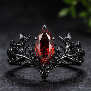 Marquise Natural Garnet Gothic Crown Engagement Ring Black Gold Women's Ring - anerjuly