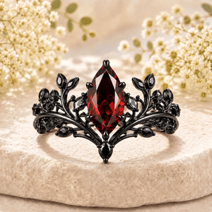 Marquise Natural Garnet Gothic Crown Engagement Ring Black Gold Women's Ring - anerjuly