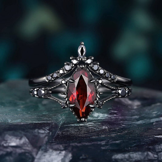 Marquise Red Couples Ring Set Garnet Engagement Ring Set Black Gold Couple Rings Tungsten Wedding Band Promise Ring for Her - anerjuly