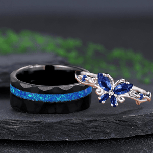 Marquise Sapphire Butterfly Tungsten Meteorite Opal Men's Band Nature Vine Blue Couples Rings - anerjuly