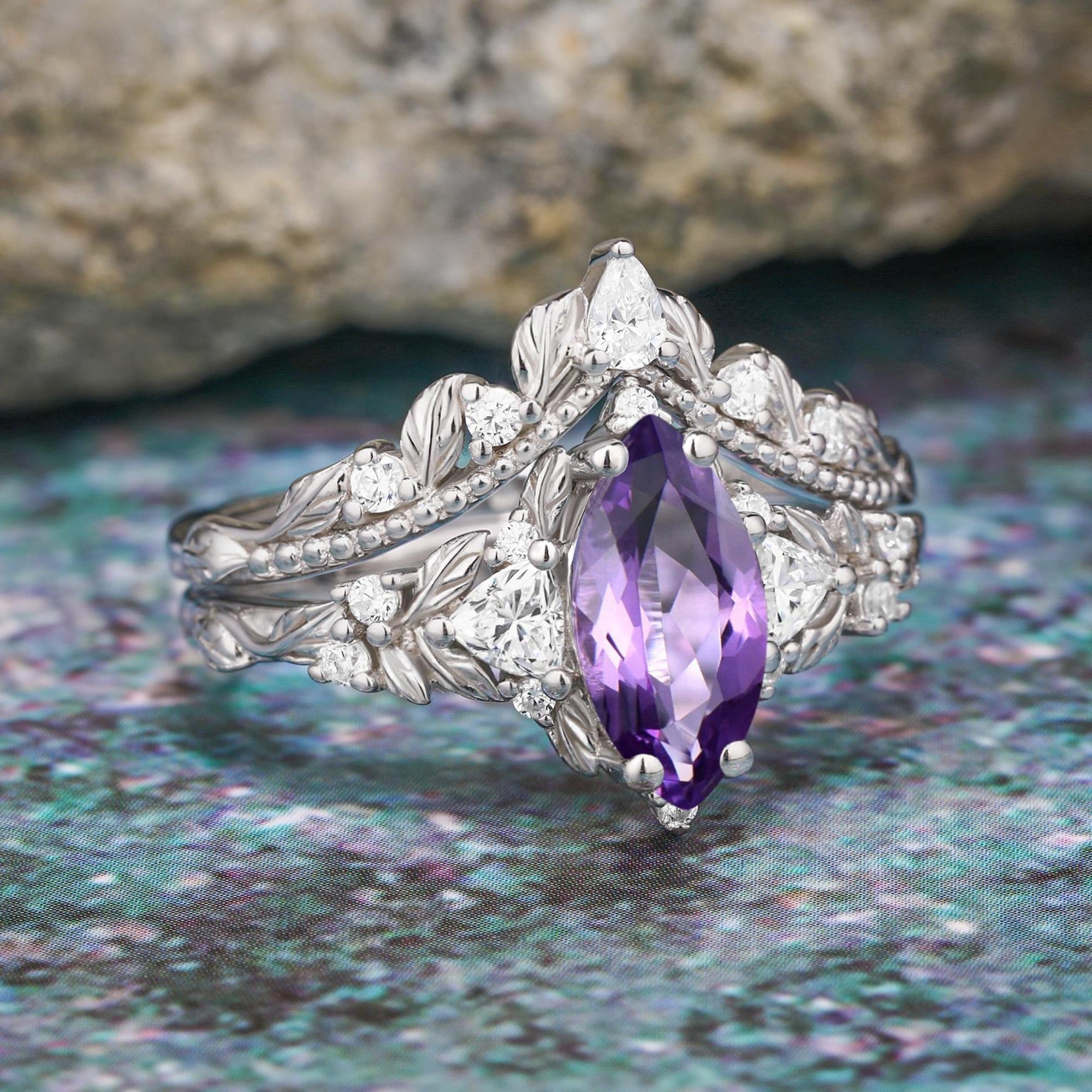 Marquise shape natural amethyst engagement ring Nature inspired leaf ring set - anerjuly