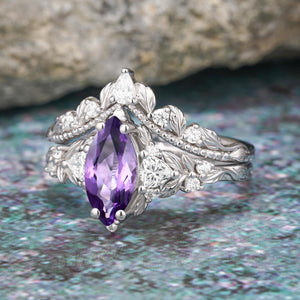 Marquise shape natural amethyst engagement ring Nature inspired leaf ring set - anerjuly
