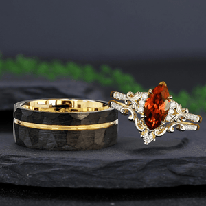 Marquise shape natural Filigree Garnet Ring Black Gold Couple Rings - anerjuly