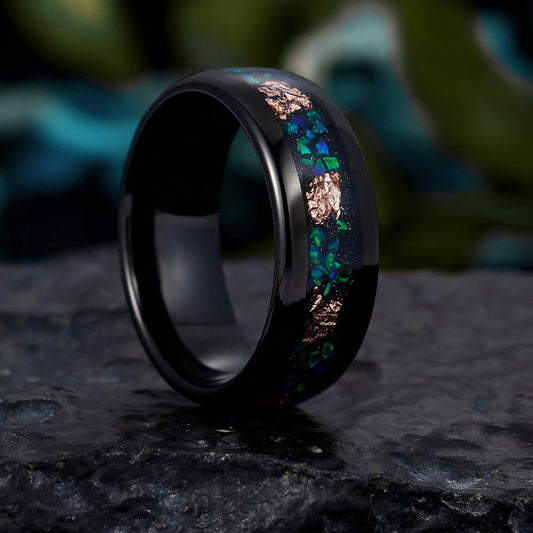 Men's 8mm Tungsten Promise Ring with Peacock Green Opal and Gold Foil Inlay – Anniversary Band with Unique Design - anerjuly