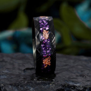 His Ring - Hammered Damascus Steel Promise Ring with Crushed Gold Foil & Amethyst Inlay