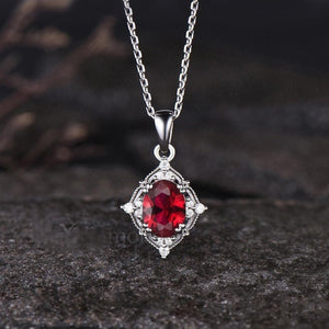 Milgrain Oval Cut Ruby Pendant Vintage Moissanite Pendant Dainty 925 Sterling Silver July Birthstone Red Gemstone Ruby Anniversary Pendant - anerjuly