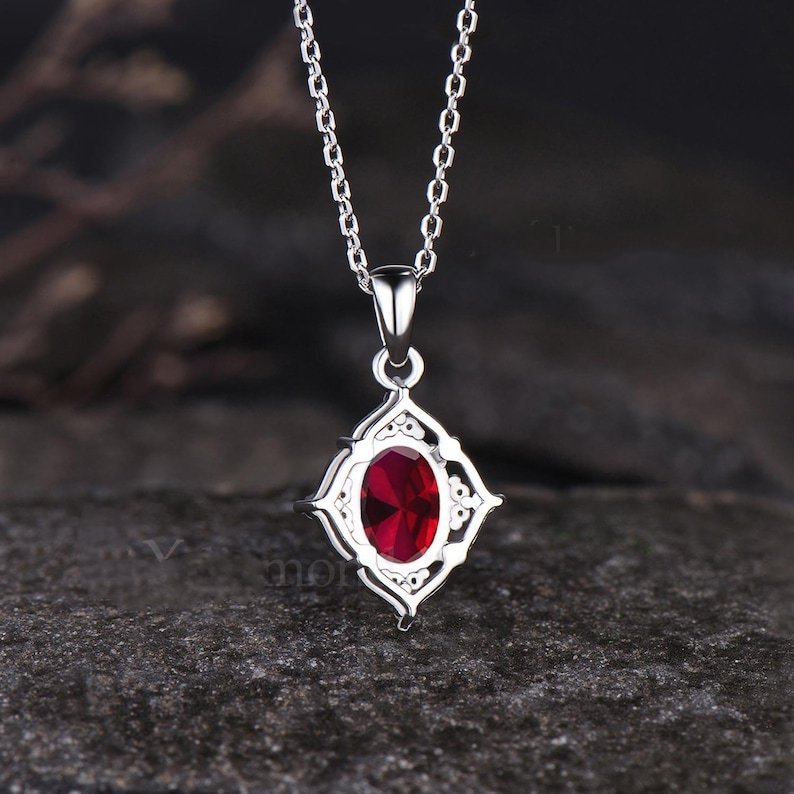 Milgrain Oval Cut Ruby Pendant Vintage Moissanite Pendant Dainty 925 Sterling Silver July Birthstone Red Gemstone Ruby Anniversary Pendant - anerjuly