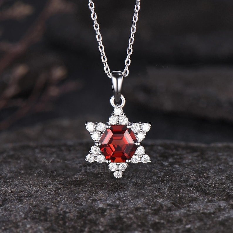 Minimalist Hexagon Cut Natural Garnet Anniversary Pendant Unique White Gold Hexagram Pendant Dainty Moissanite Halo Cluster Pendant - anerjuly