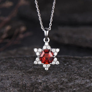 Minimalist Hexagon Cut Natural Garnet Anniversary Pendant Unique White Gold Hexagram Pendant Dainty Moissanite Halo Cluster Pendant - anerjuly