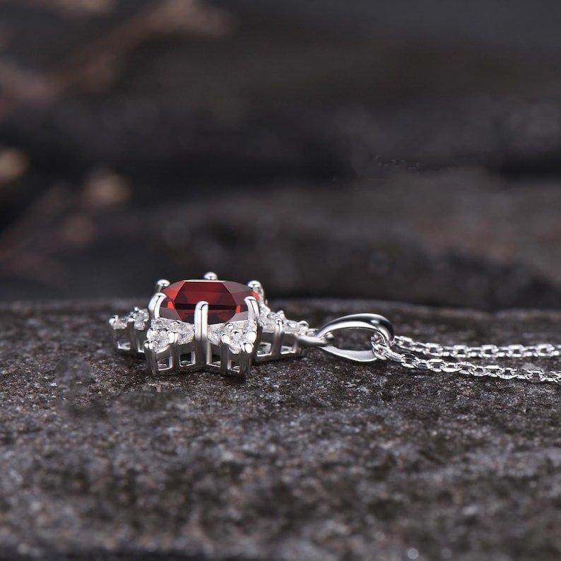 Minimalist Hexagon Cut Natural Garnet Anniversary Pendant Unique White Gold Hexagram Pendant Dainty Moissanite Halo Cluster Pendant - anerjuly