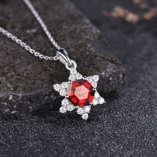 Minimalist Hexagon Cut Natural Garnet Anniversary Pendant Unique White Gold Hexagram Pendant Dainty Moissanite Halo Cluster Pendant - anerjuly