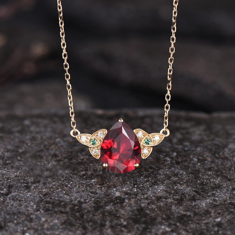 Minimalist Pear Cut Ruby Wedding Pendant Unique Rose Gold Moissanite Emerald Pendant Art Deco July Birthstone Anniversary Pendant - anerjuly