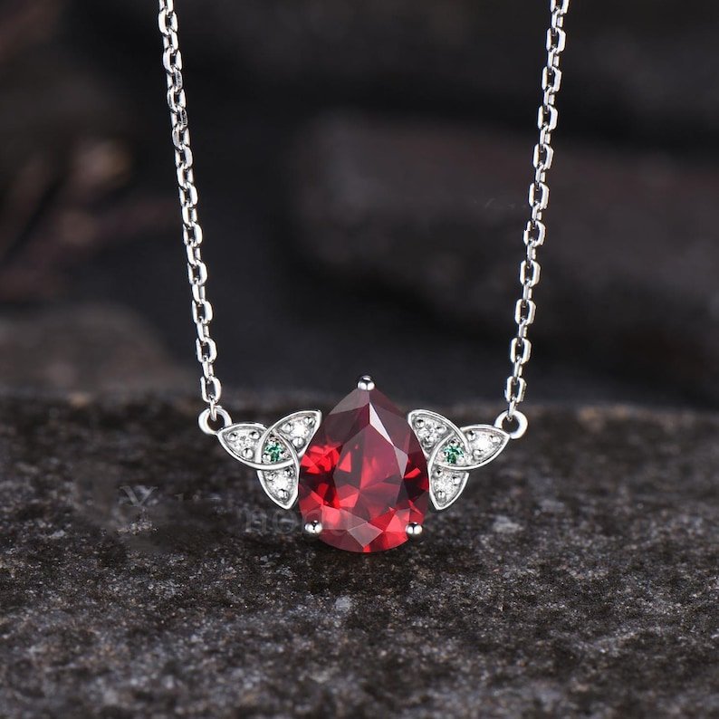 Minimalist Pear Cut Ruby Wedding Pendant Unique Rose Gold Moissanite Emerald Pendant Art Deco July Birthstone Anniversary Pendant - anerjuly