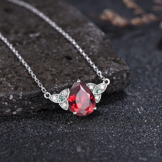 Minimalist Pear Cut Ruby Wedding Pendant Unique Rose Gold Moissanite Emerald Pendant Art Deco July Birthstone Anniversary Pendant - anerjuly