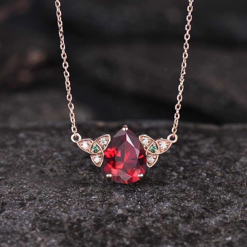 Minimalist Pear Cut Ruby Wedding Pendant Unique Rose Gold Moissanite Emerald Pendant Art Deco July Birthstone Anniversary Pendant - anerjuly