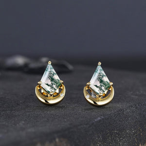 Moss Agate Stud Earrings, Moss Agate Jewelry, Crescent Moon Earrings, Wire Wrapped Gemstone Studs, Celestial Earrings, Lover Girlfriend Gift - anerjuly