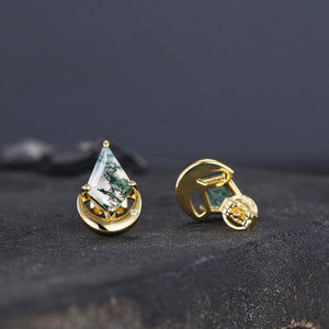 Moss Agate Stud Earrings, Moss Agate Jewelry, Crescent Moon Earrings, Wire Wrapped Gemstone Studs, Celestial Earrings, Lover Girlfriend Gift - anerjuly