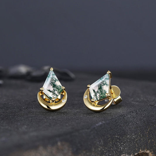 Moss Agate Stud Earrings, Moss Agate Jewelry, Crescent Moon Earrings, Wire Wrapped Gemstone Studs, Celestial Earrings, Lover Girlfriend Gift - anerjuly
