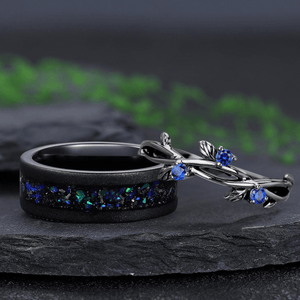 Natural Inspired Leaf Black Tungsten Meteorite Opal Men's Band Nature Vine Blue Couples Rings - anerjuly