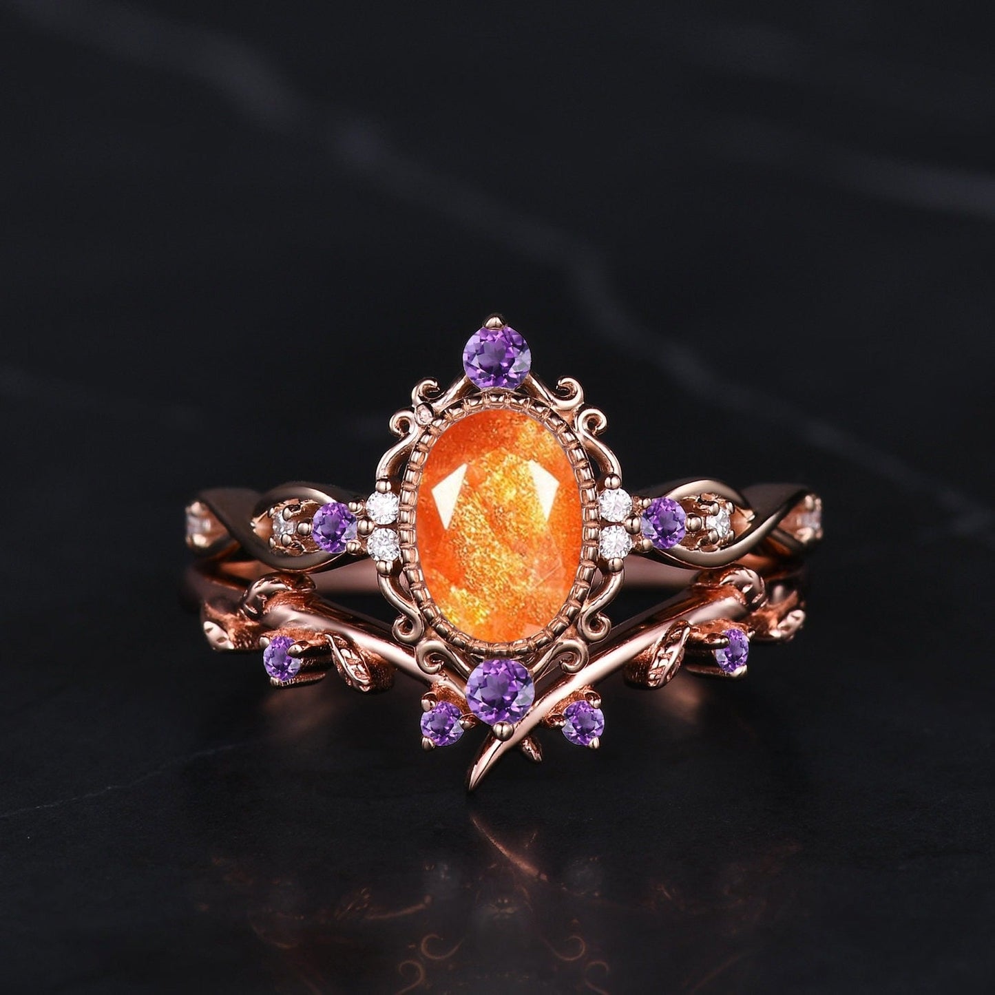 Natural Oval Cut Sunstone Engagement Ring Set Vintage Leaf Wedding Stackable ring Art Deco Women Bridal Set Twig Promise Ring - anerjuly