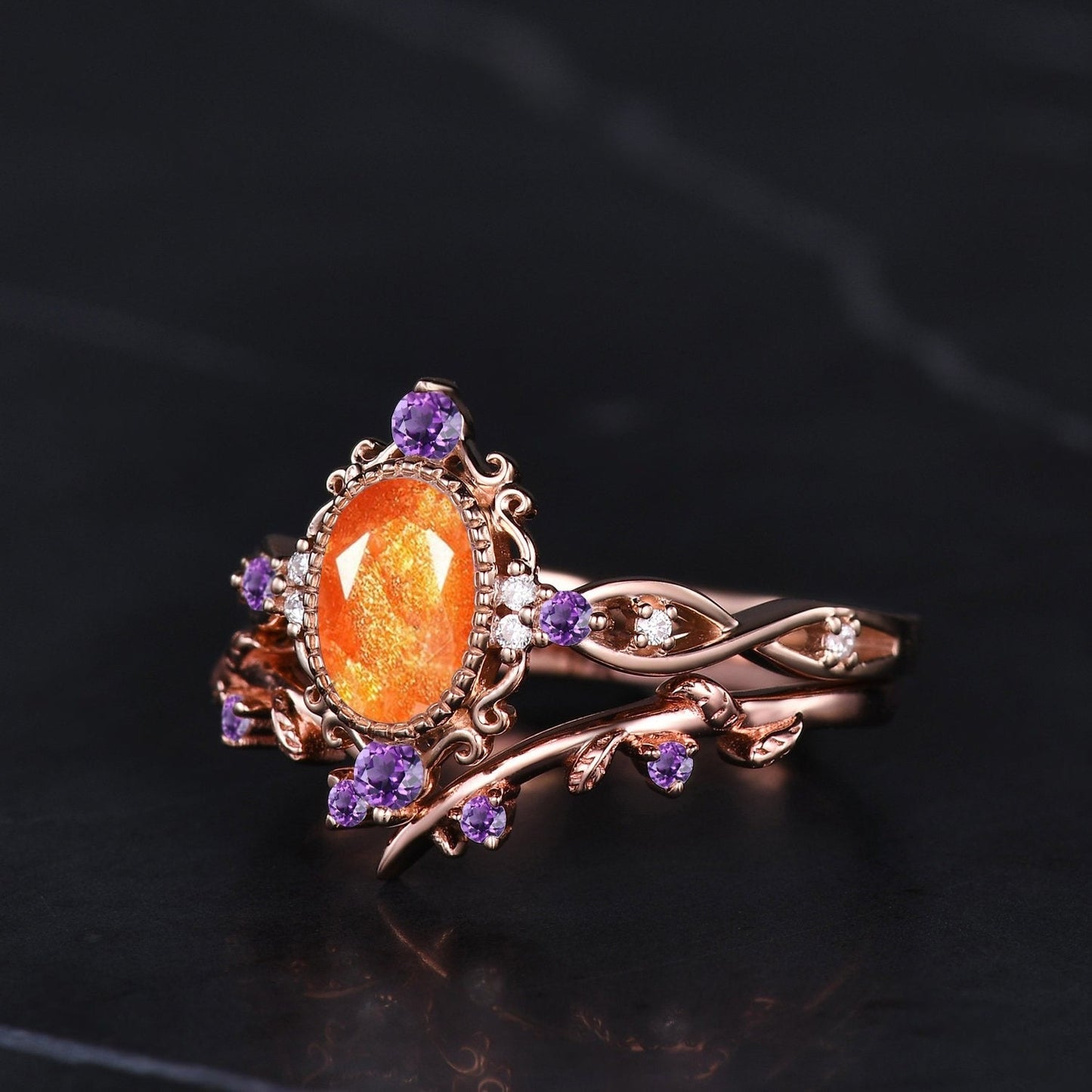 Natural Oval Cut Sunstone Engagement Ring Set Vintage Leaf Wedding Stackable ring Art Deco Women Bridal Set Twig Promise Ring - anerjuly