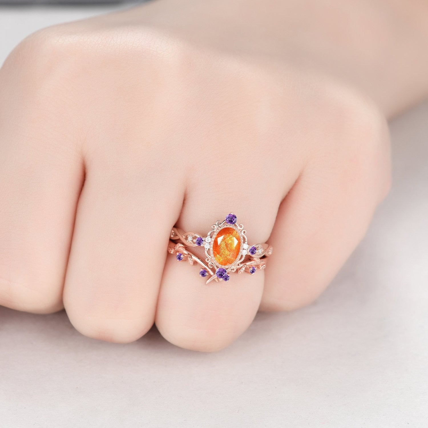Natural Oval Cut Sunstone Engagement Ring Set Vintage Leaf Wedding Stackable ring Art Deco Women Bridal Set Twig Promise Ring - anerjuly