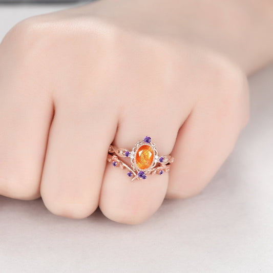 Natural Oval Cut Sunstone Engagement Ring Set Vintage Leaf Wedding Stackable ring Art Deco Women Bridal Set Twig Promise Ring - anerjuly