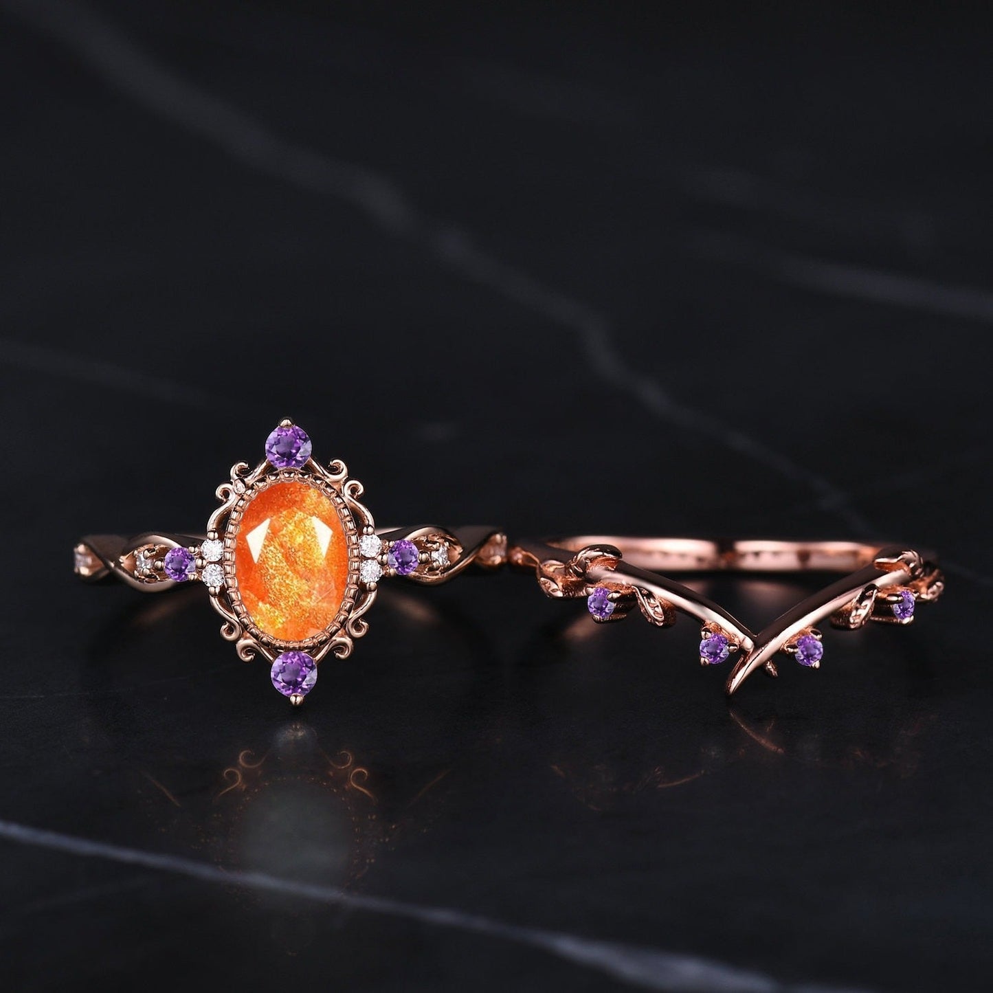 Natural Oval Cut Sunstone Engagement Ring Set Vintage Leaf Wedding Stackable ring Art Deco Women Bridal Set Twig Promise Ring - anerjuly