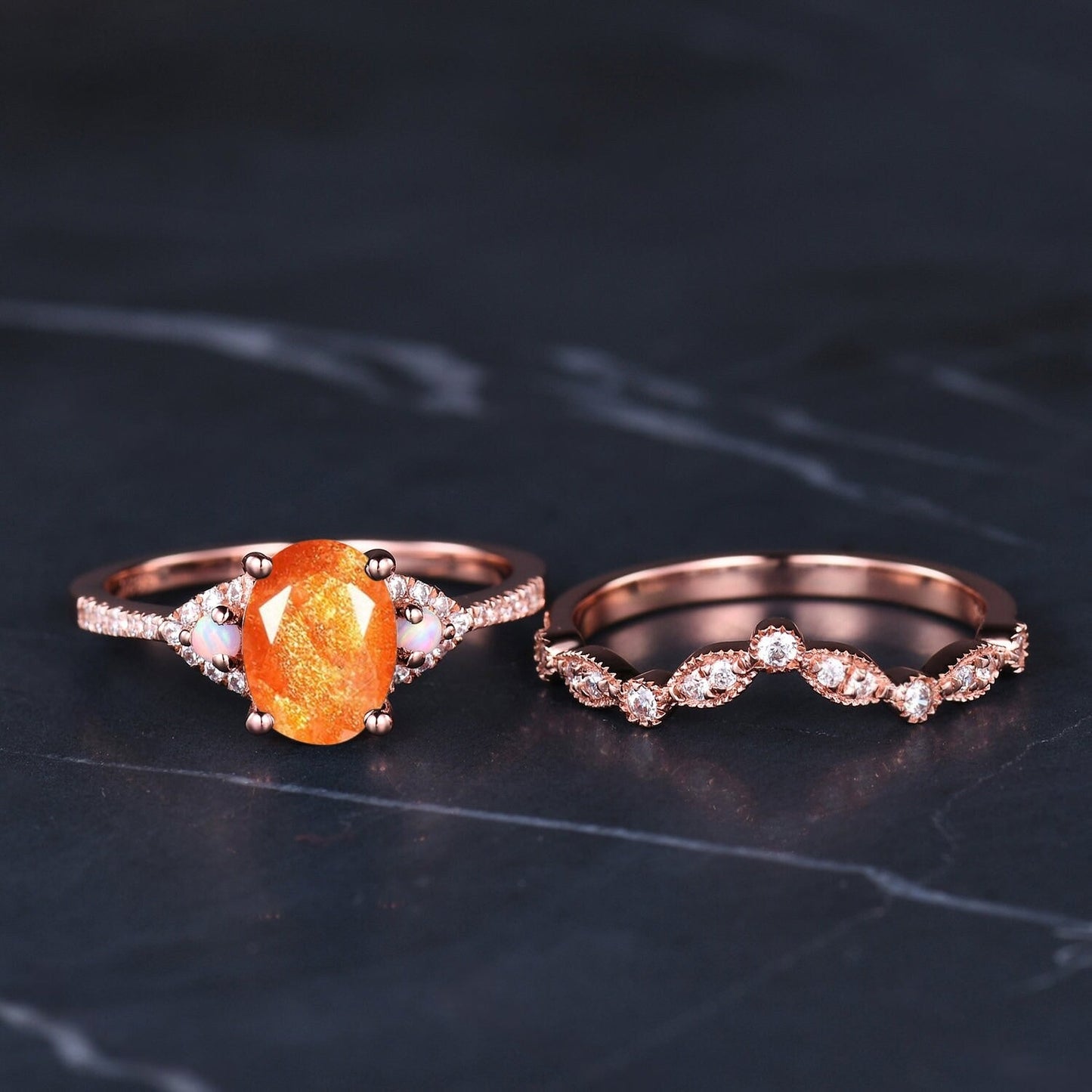 Natural Oval Cut Sunstone Engagement Ring Set Wedding Ring Set Orange Gemstone Bridal Promise Ring Anniversary Gift - anerjuly