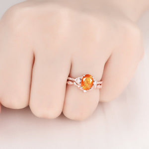 Natural Oval Cut Sunstone Engagement Ring Set Wedding Ring Set Orange Gemstone Bridal Promise Ring Anniversary Gift - anerjuly