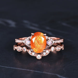 Natural Oval Cut Sunstone Engagement Ring Set Wedding Ring Set Orange Gemstone Bridal Promise Ring Anniversary Gift - anerjuly
