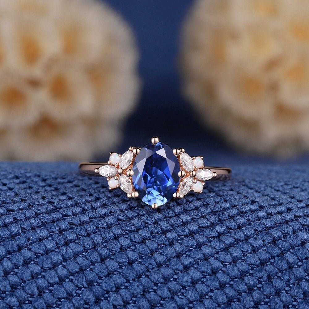 Natural Oval Shaped Inspired Leaf sapphire Tungsten Men's Band Nature Blue Couples Rings - anerjuly